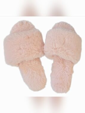 🖤 New - J.Crew Pink Fuzzy Slide Slippers Women's Size 7 Plush Cozy Sandals NWOT